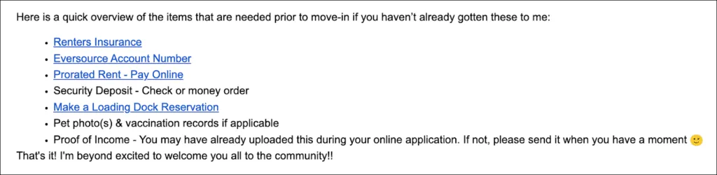 Excerpt from an apartment welcome email