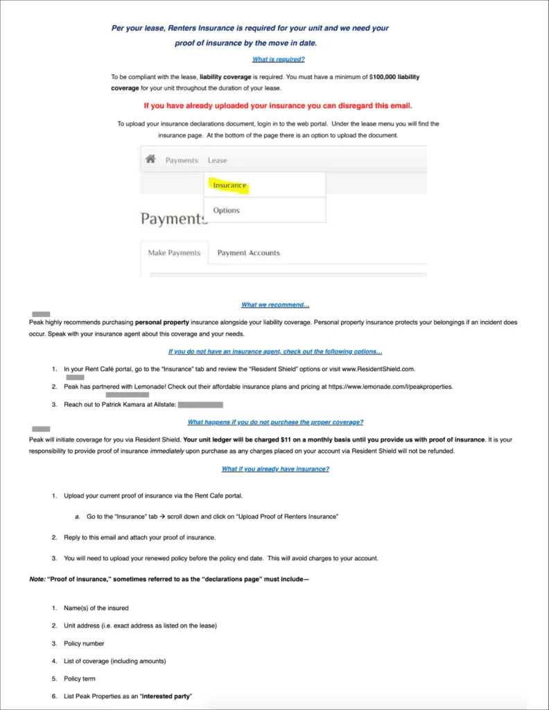 Renters insurance requirement email with instructions