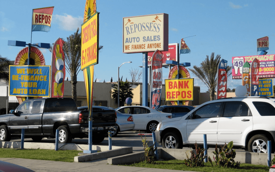 Cars in a resale dealership lot